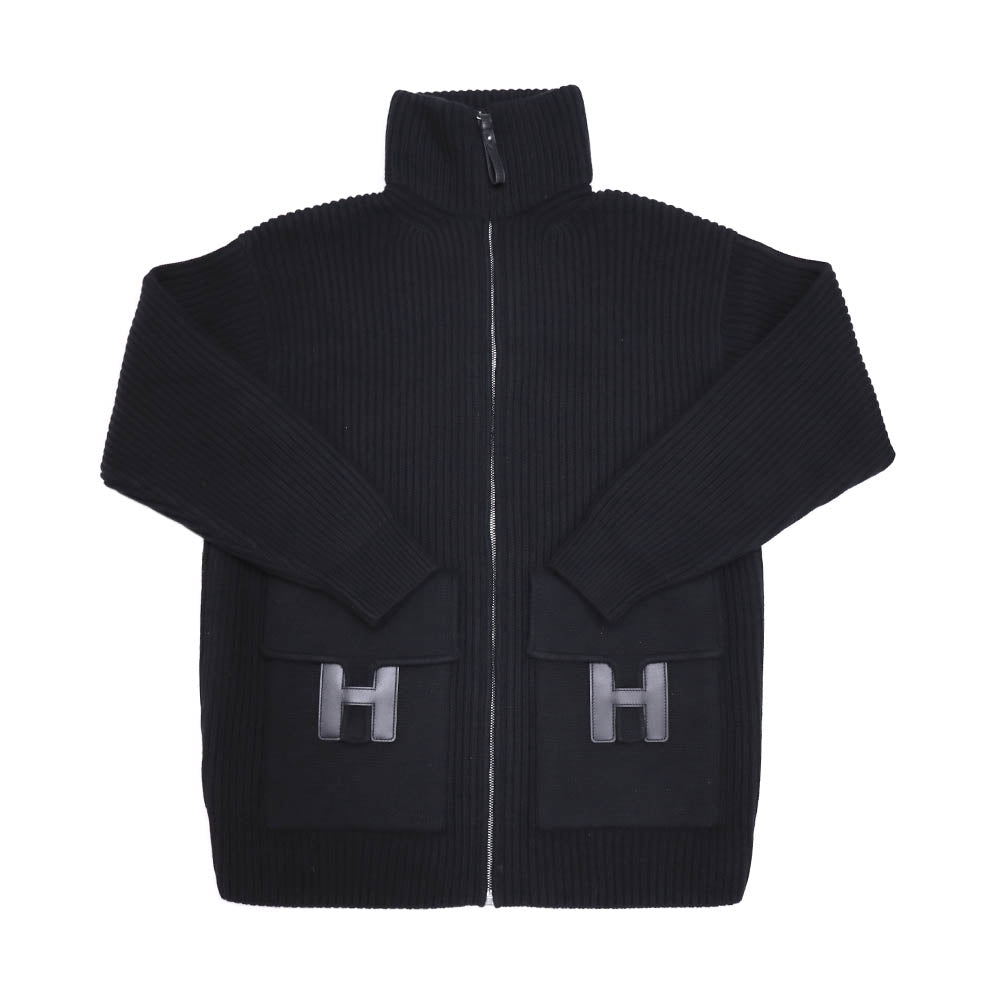 ニット ジャケット Hポケット ジップアップ 5H2228D3 ブラック ウール レザー 34