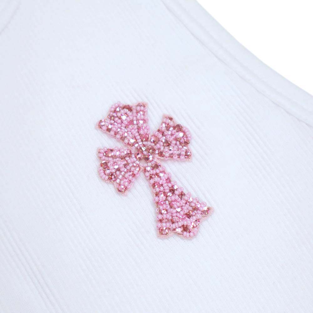 Beads Embroidery Cross Tank Top ビーズクロス タンクトップ ワンピース ホワイト ピンク ノースリーブ コットン M/L