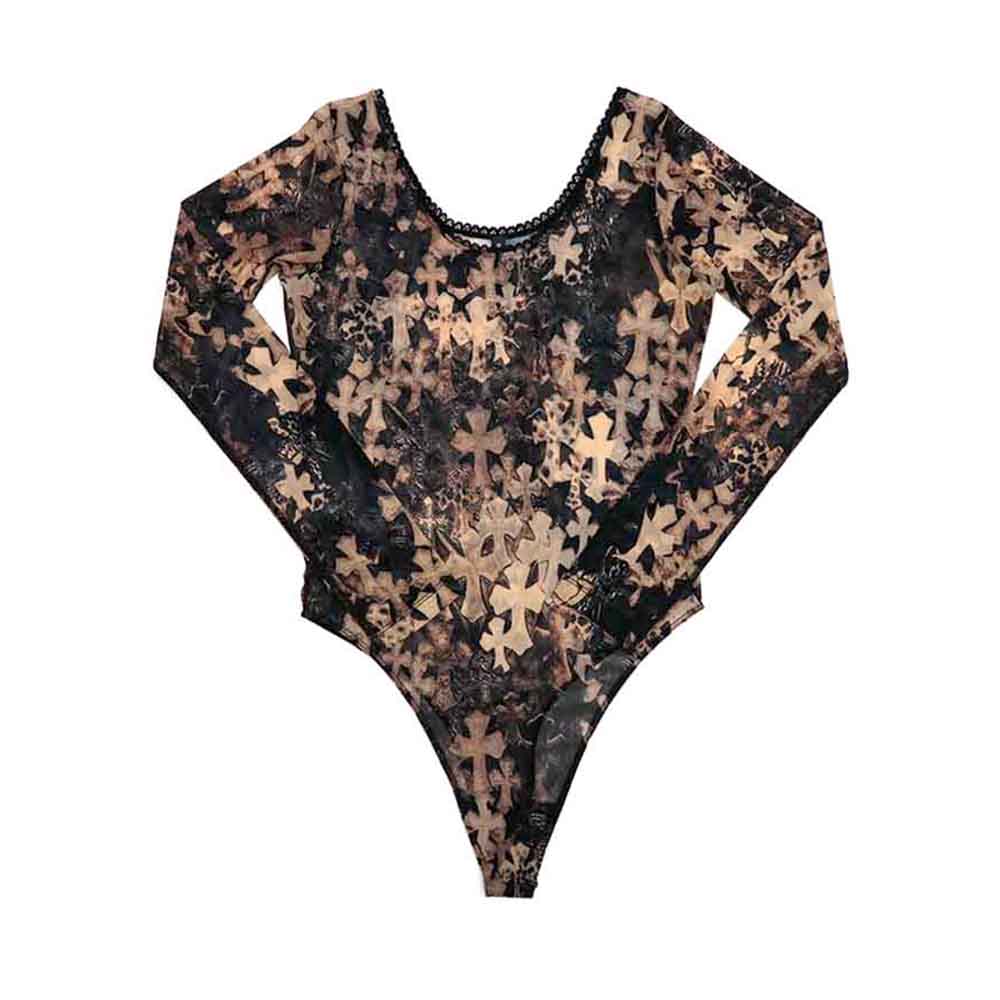 Off Shoulder Cemetery Cross Sheer Long Sleeve Bodysuit オフショルダー セメタリークロス シアー ロングスリーブ ボディスーツ ブラウン ブラック クロスパッチプリント S