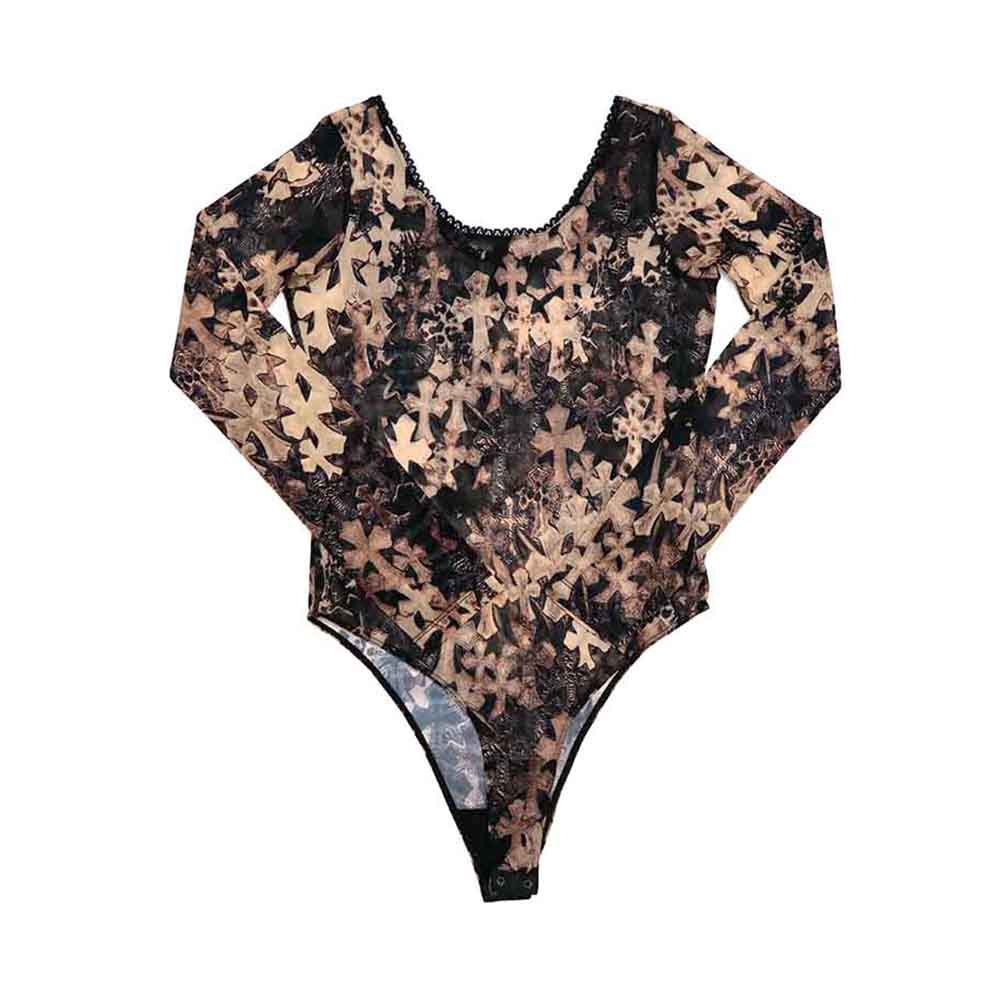 Off Shoulder Cemetery Cross Sheer Long Sleeve Bodysuit オフショルダー セメタリークロス シアー ロングスリーブ ボディスーツ ブラウン ブラック クロスパッチプリント S