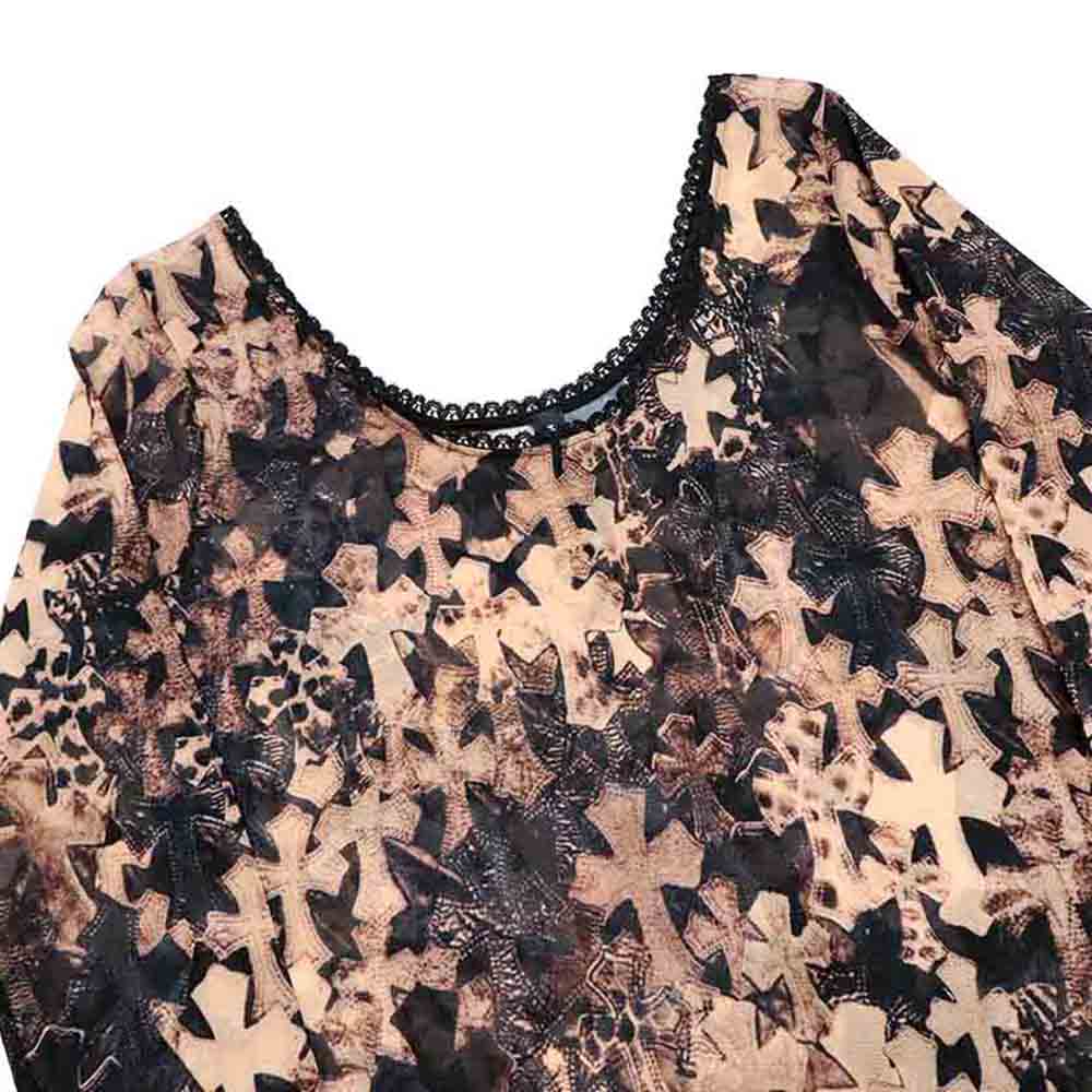 Off Shoulder Cemetery Cross Sheer Long Sleeve Bodysuit オフショルダー セメタリークロス シアー ロングスリーブ ボディスーツ ブラウン ブラック クロスパッチプリント S