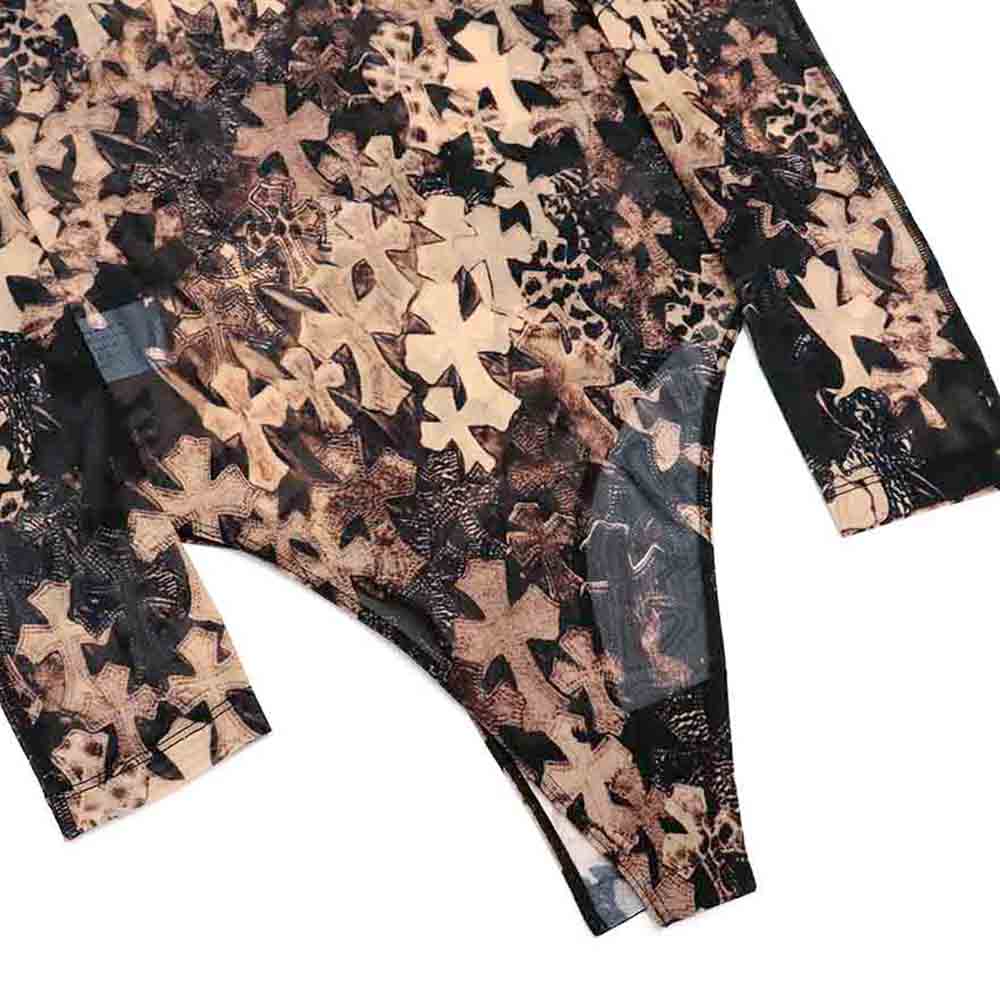 Off Shoulder Cemetery Cross Sheer Long Sleeve Bodysuit オフショルダー セメタリークロス シアー ロングスリーブ ボディスーツ ブラウン ブラック クロスパッチプリント S