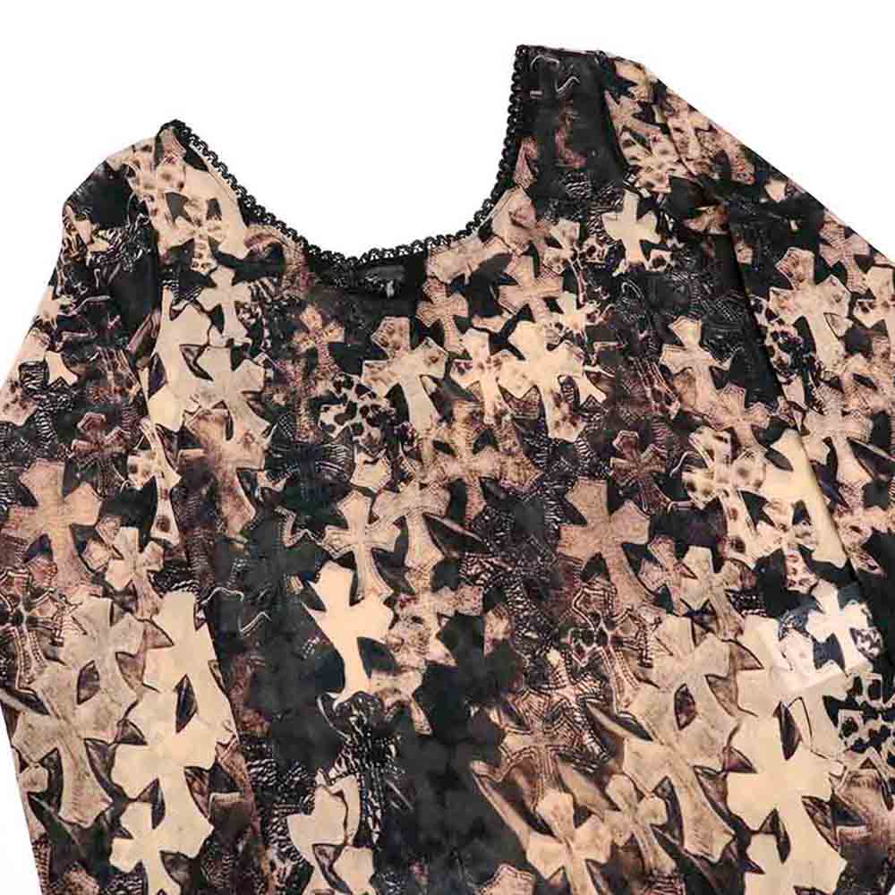 Off Shoulder Cemetery Cross Sheer Long Sleeve Bodysuit オフショルダー セメタリークロス シアー ロングスリーブ ボディスーツ ブラウン ブラック クロスパッチプリント S