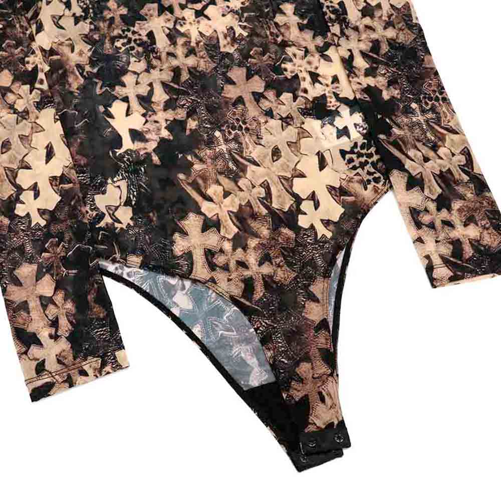 Off Shoulder Cemetery Cross Sheer Long Sleeve Bodysuit オフショルダー セメタリークロス シアー ロングスリーブ ボディスーツ ブラウン ブラック クロスパッチプリント S