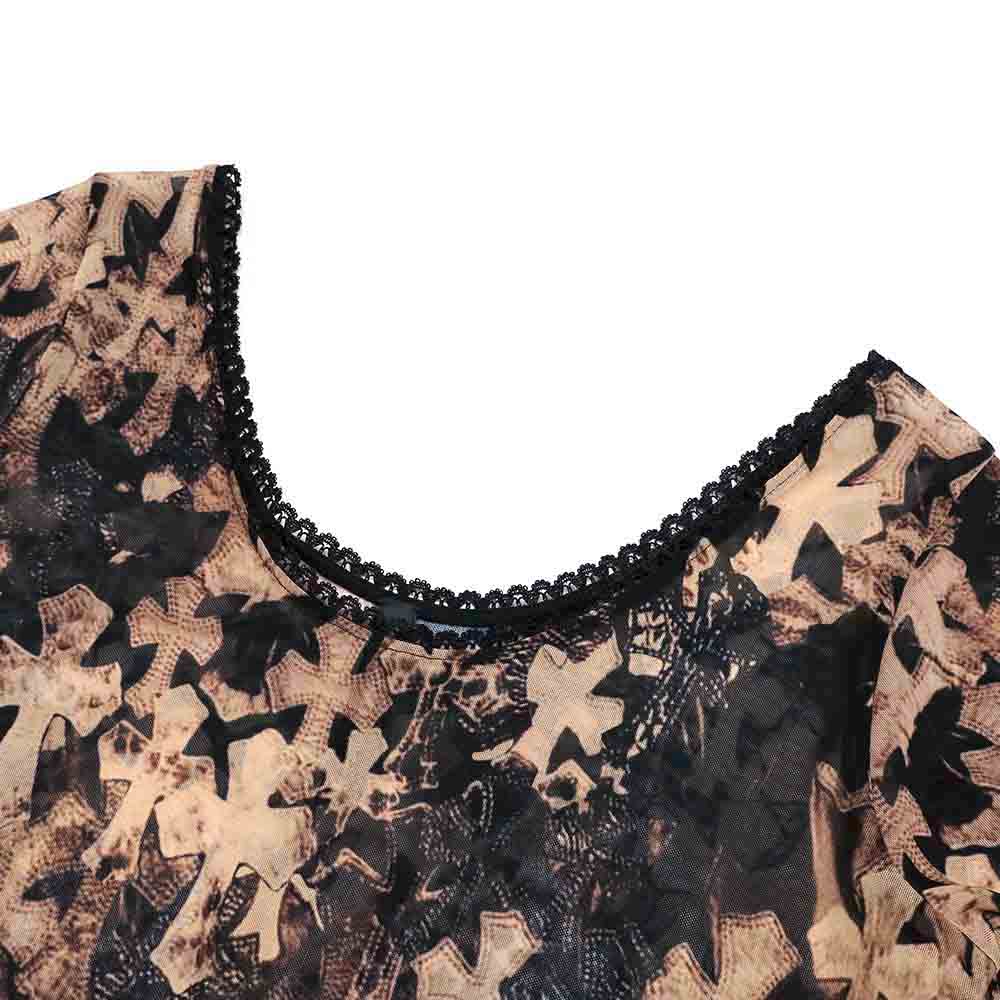 Off Shoulder Cemetery Cross Sheer Long Sleeve Bodysuit オフショルダー セメタリークロス シアー ロングスリーブ ボディスーツ ブラウン ブラック クロスパッチプリント S