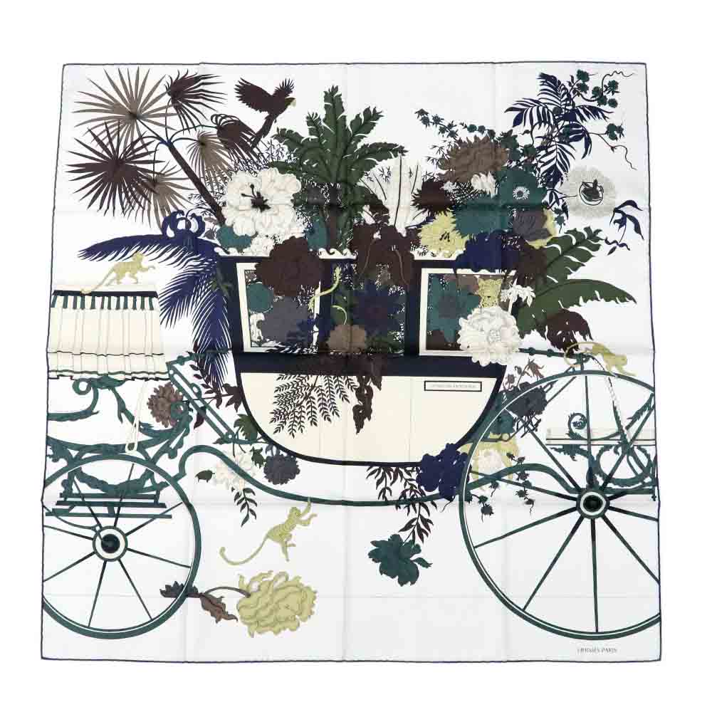 カレ 90 La Nature en Voyage 自然と旅 ホワイト/ヴェールロデン/クレーム シルク スカーフ