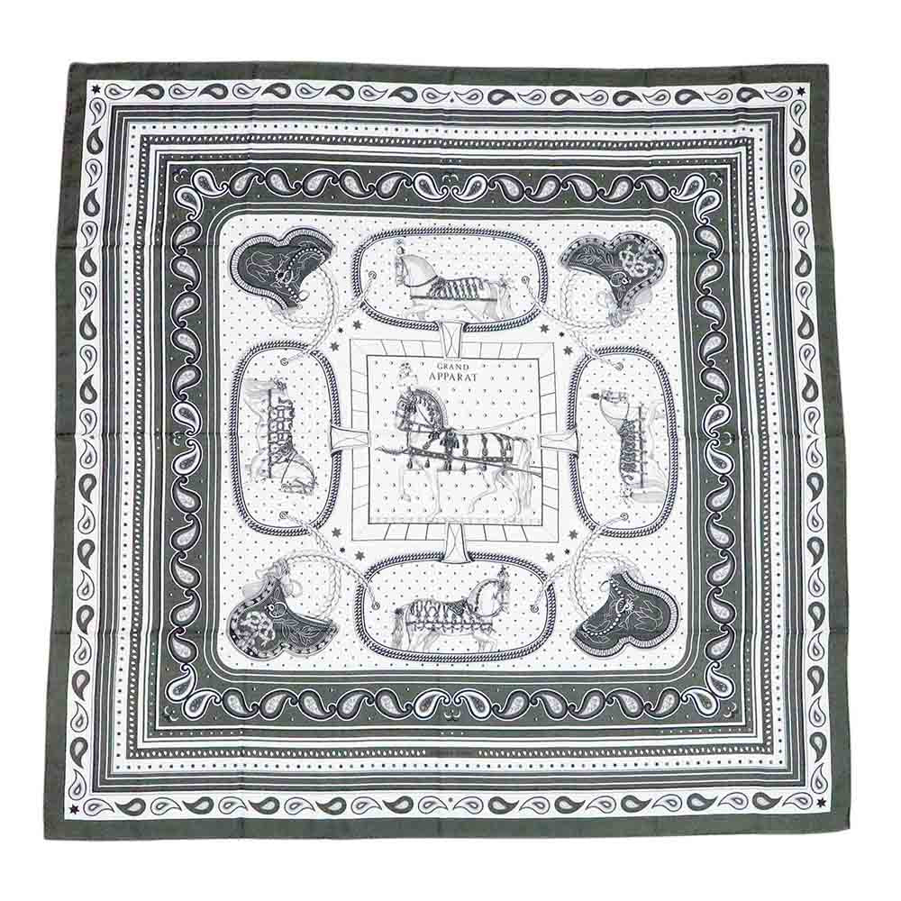 カレ ジェアン 140 GRAND APPARAT BANDANA グラン アパラ バンダナ ヴェールロデン/ホワイト/ブラック カシミヤ シルク スカーフ